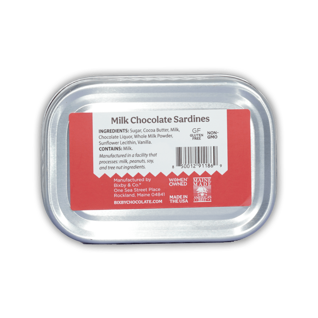 Bixby tinned milk chocolate sardines in rectangular silver tin with red and white label
