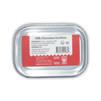 Bixby tinned milk chocolate sardines in rectangular silver tin with red and white label