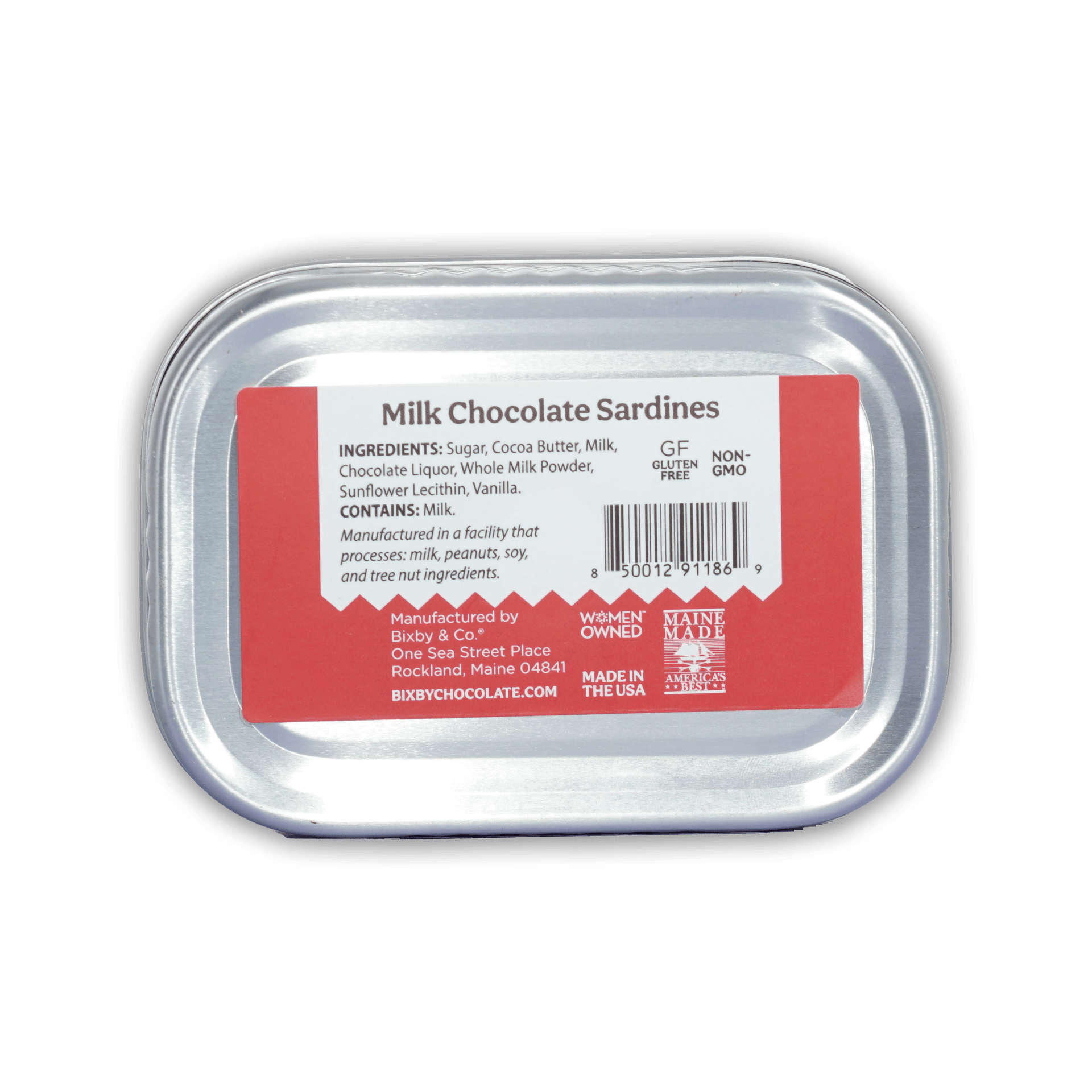 Bixby tinned milk chocolate sardines in rectangular silver tin with red and white label