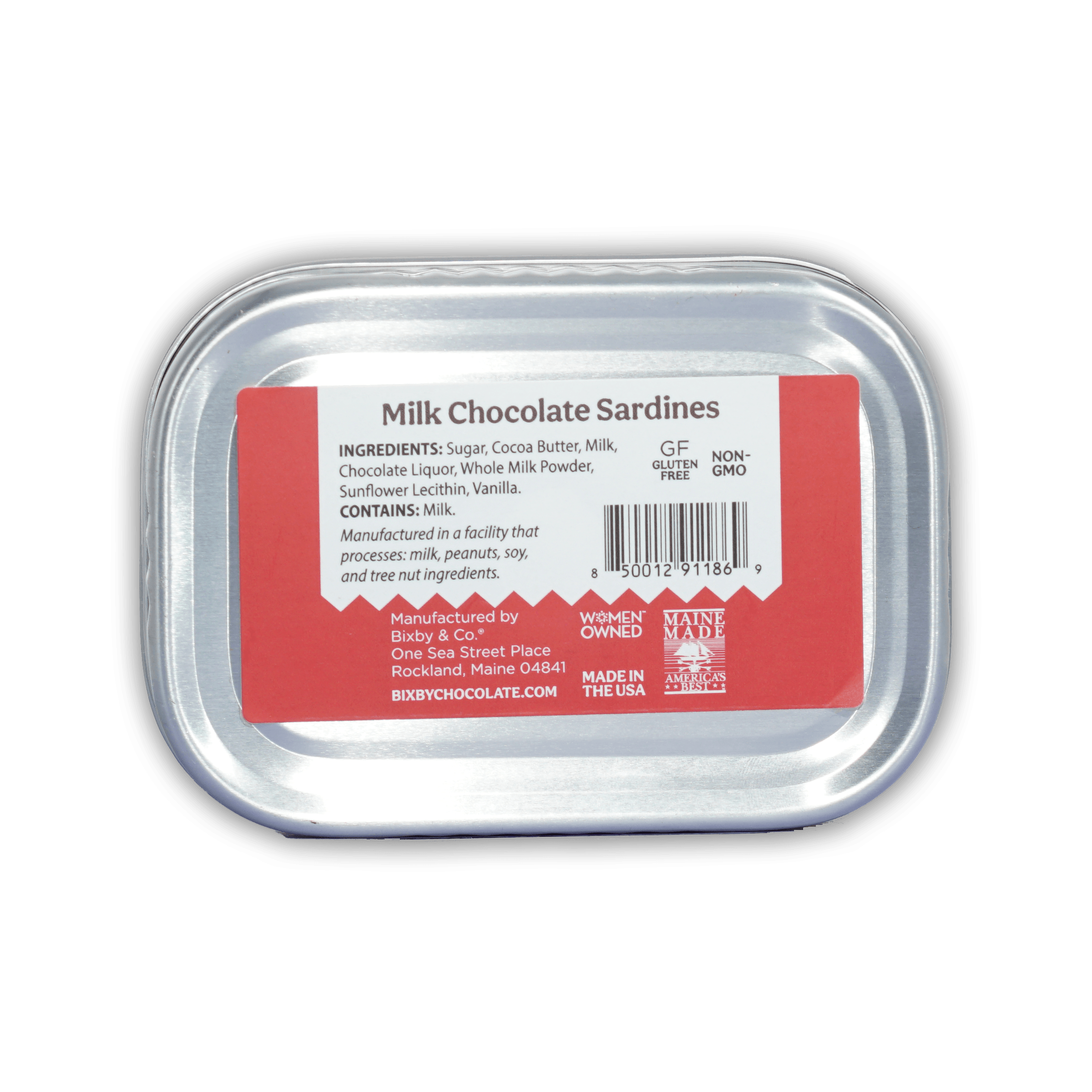 Bixby tinned milk chocolate sardines in rectangular silver tin with red and white label