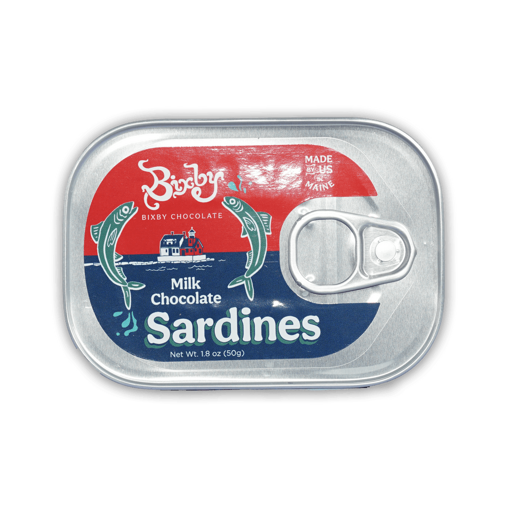 Bixby tinned milk chocolate sardines in silver tin with colorful fish label