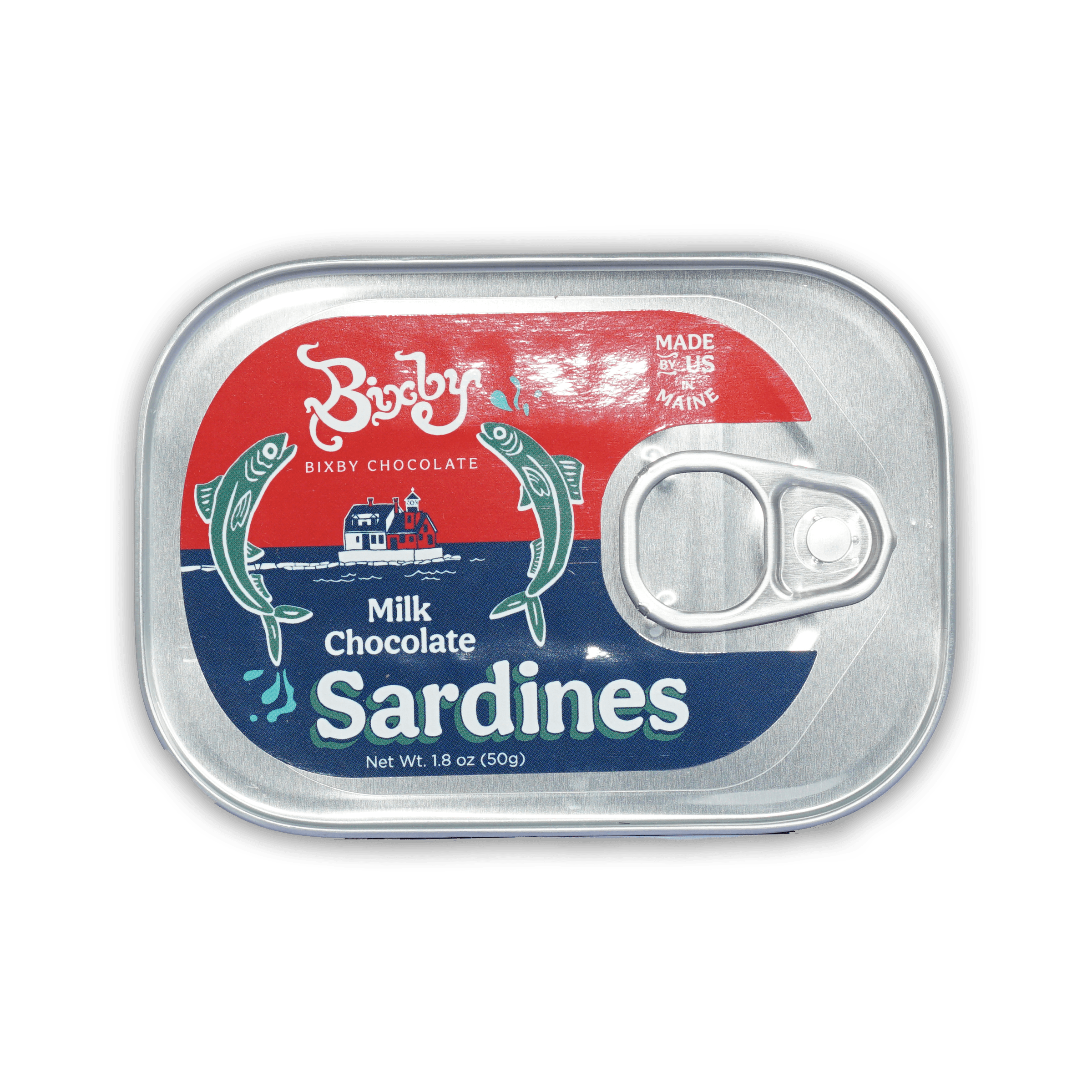 Bixby tinned milk chocolate sardines in silver tin with colorful fish label