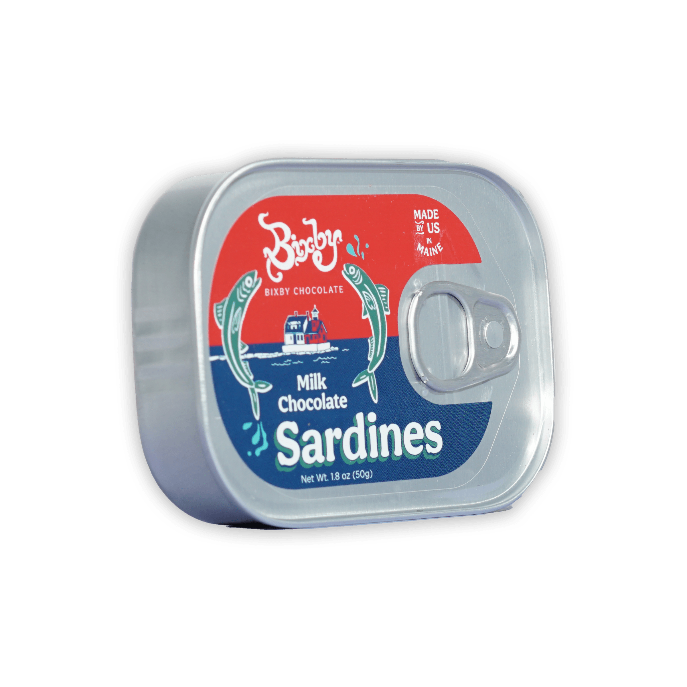 Bixby tinned milk chocolate sardines in silver tin with colorful fish label
