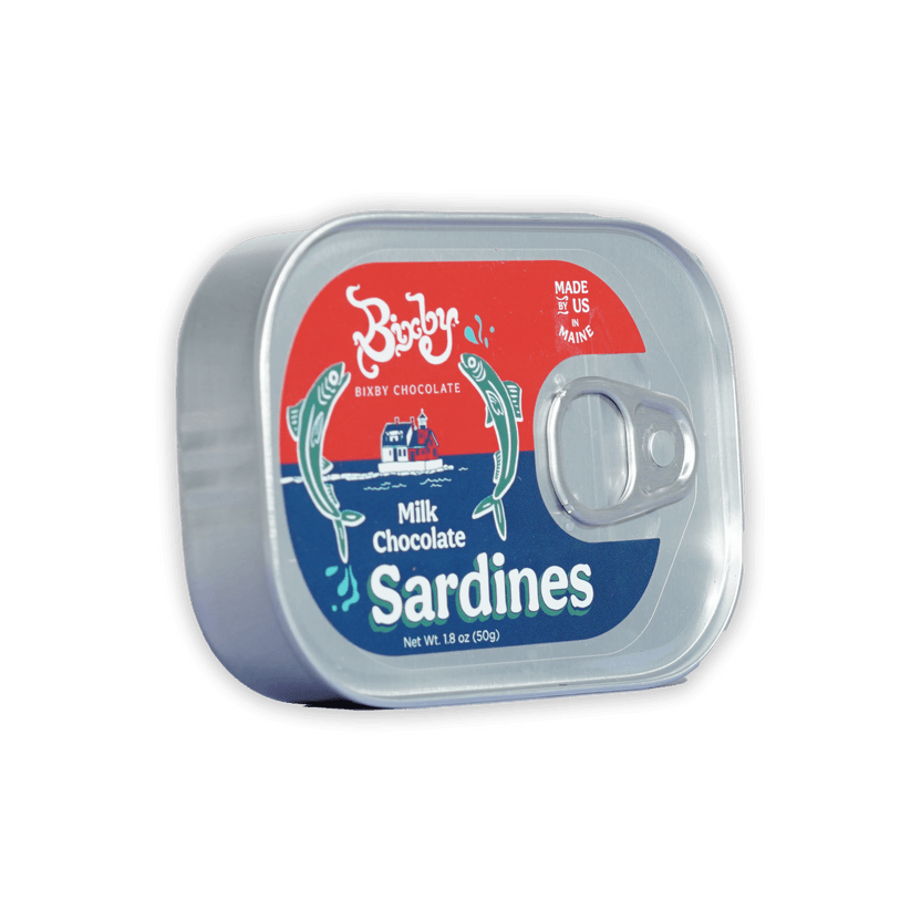 Bixby tinned milk chocolate sardines in silver tin with colorful fish label