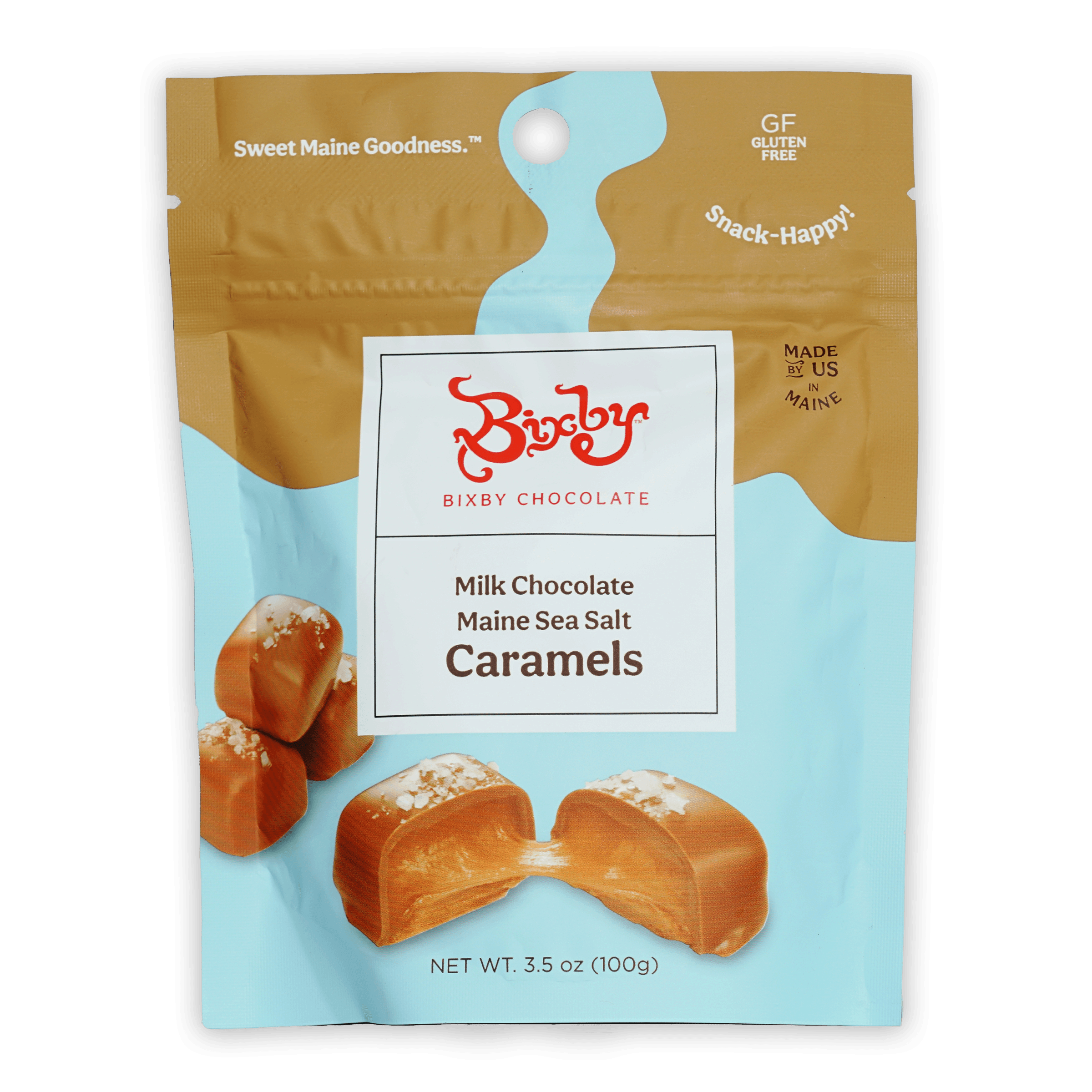 Bixby milk chocolate Maine sea salt caramels resealable bag