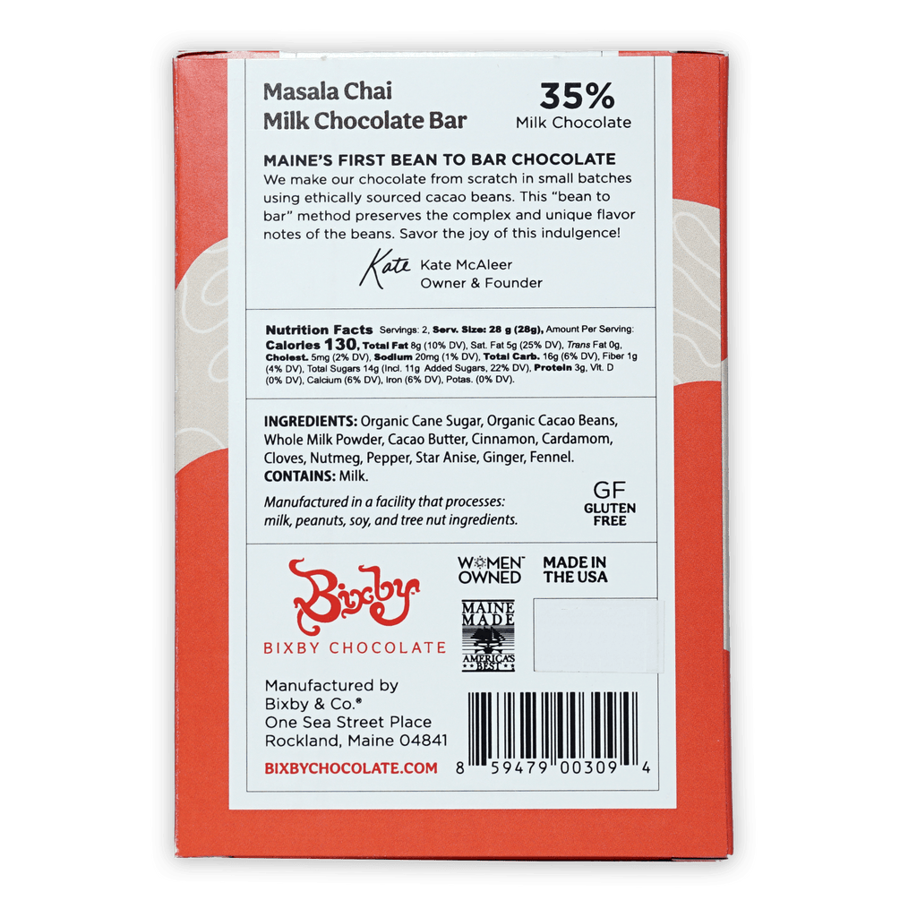 Bixby Milk Chocolate w/ Masala Chai 35% red and white bar