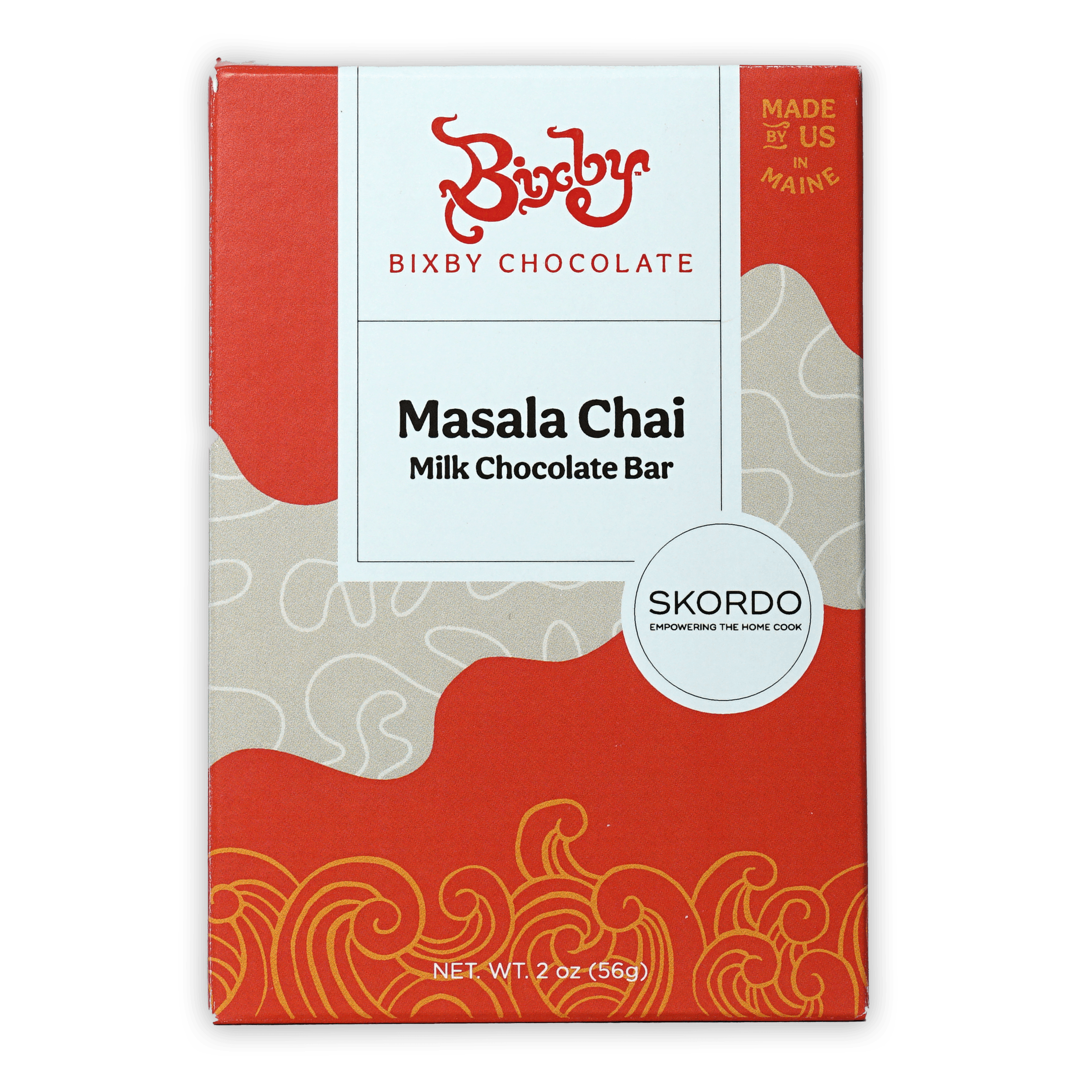 Bixby Milk Chocolate w/ Masala Chai 35% bar in red beige box with orange swirls