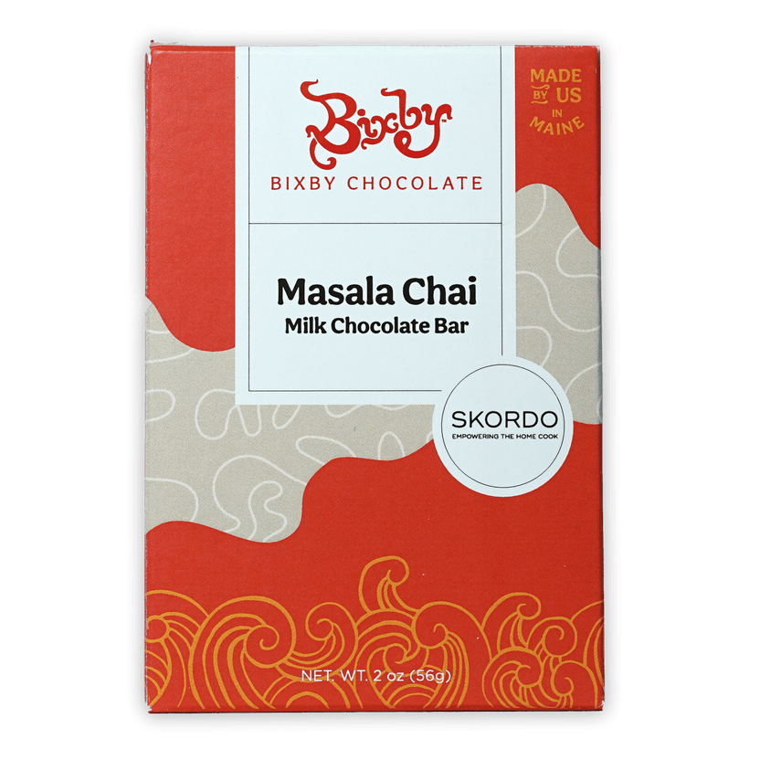 Bixby Milk Chocolate w/ Masala Chai 35% bar in red beige box with orange swirls