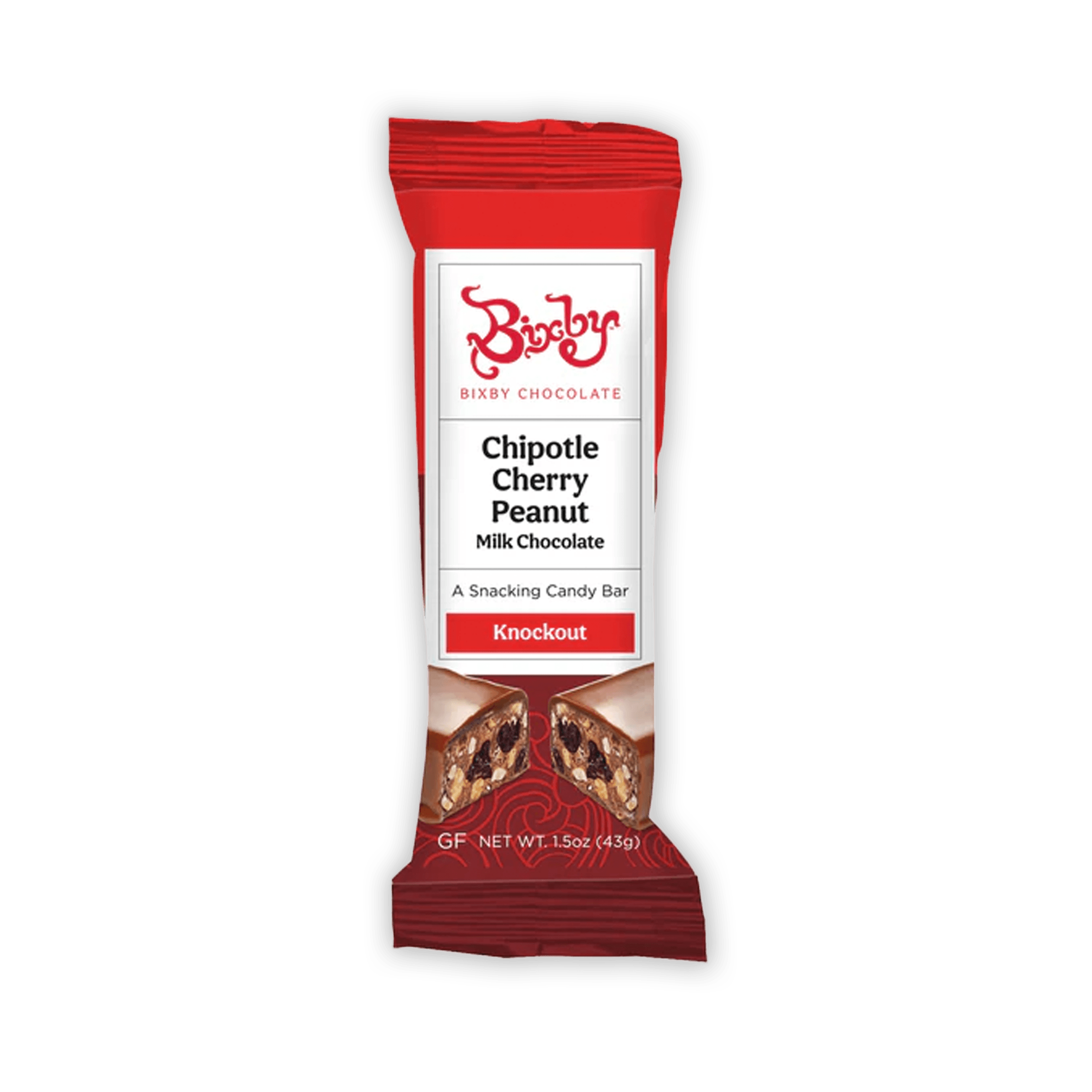 Bixby Mini Chocolate Snack Bars Knockout red chipotle cherry peanut bar in glossy wrapper