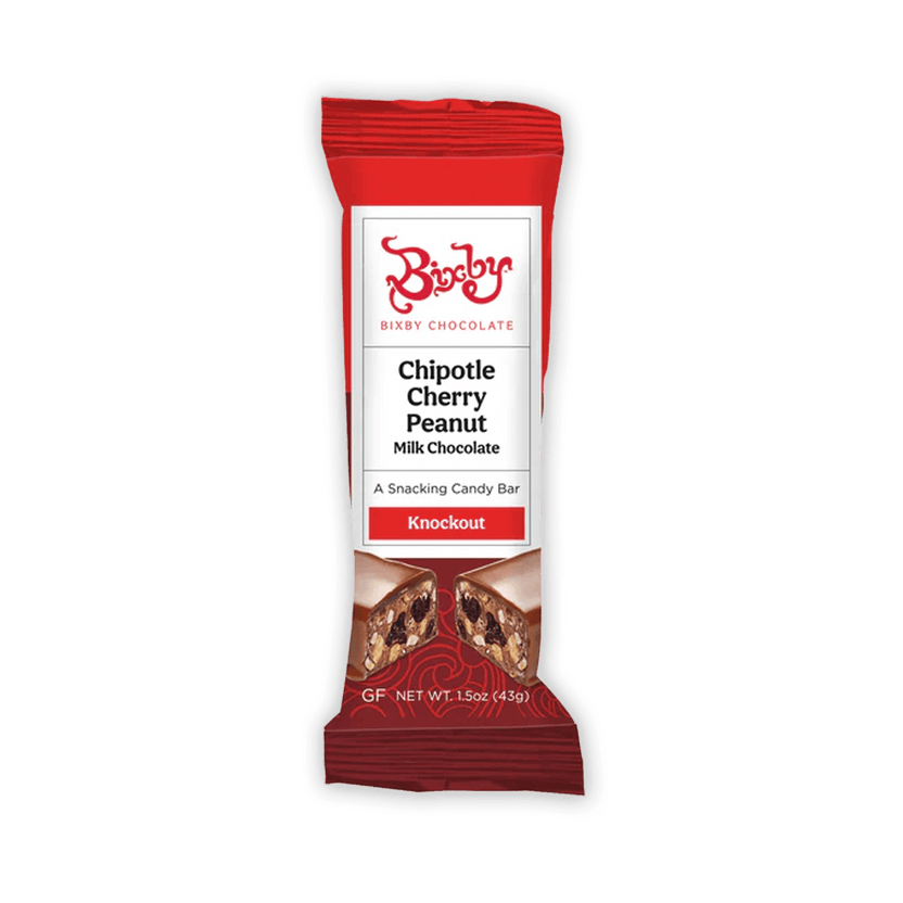 Bixby Mini Chocolate Snack Bars Knockout red chipotle cherry peanut bar in glossy wrapper