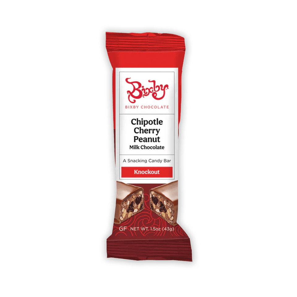 Bixby Mini Chocolate Snack Bars Knockout red chipotle cherry peanut bar in glossy wrapper