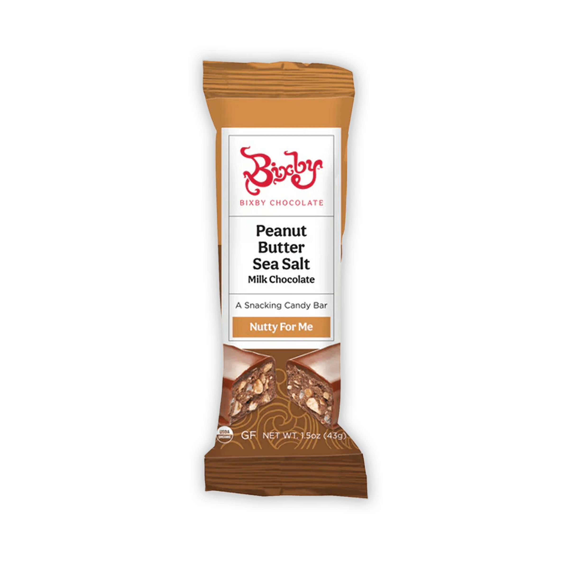 Bixby Mini chocolate peanut butter sea salt milk chocolate bar in brown white wrapper