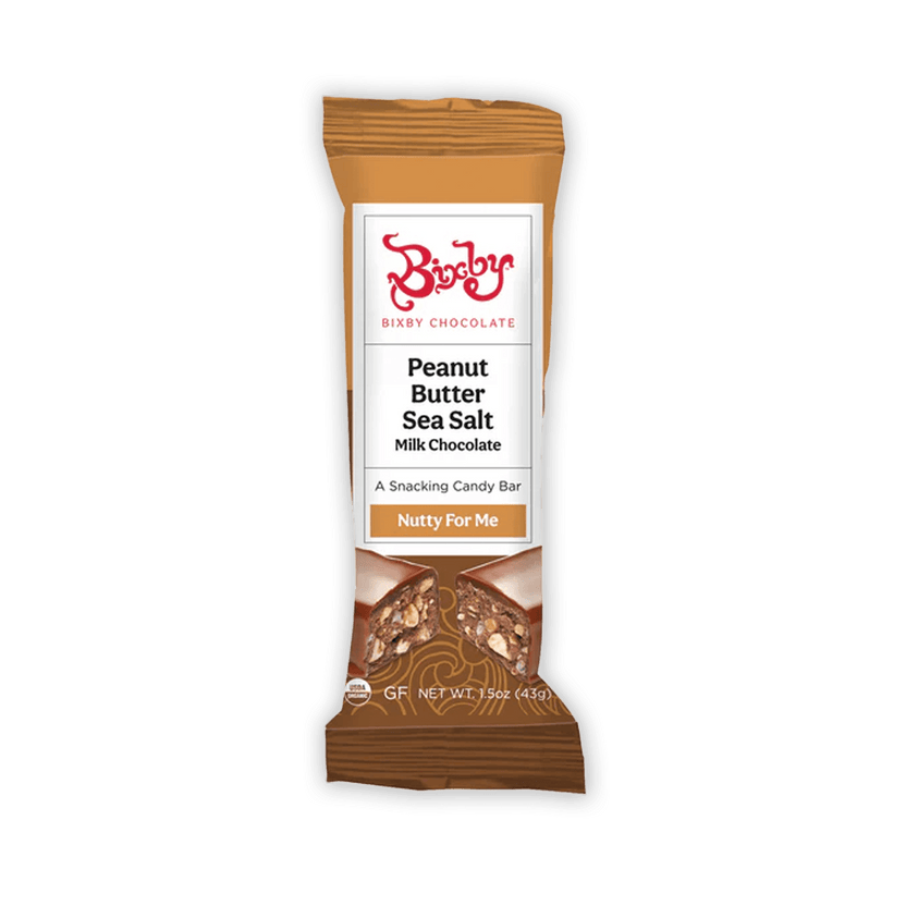 Bixby Mini chocolate peanut butter sea salt milk chocolate bar in brown white wrapper