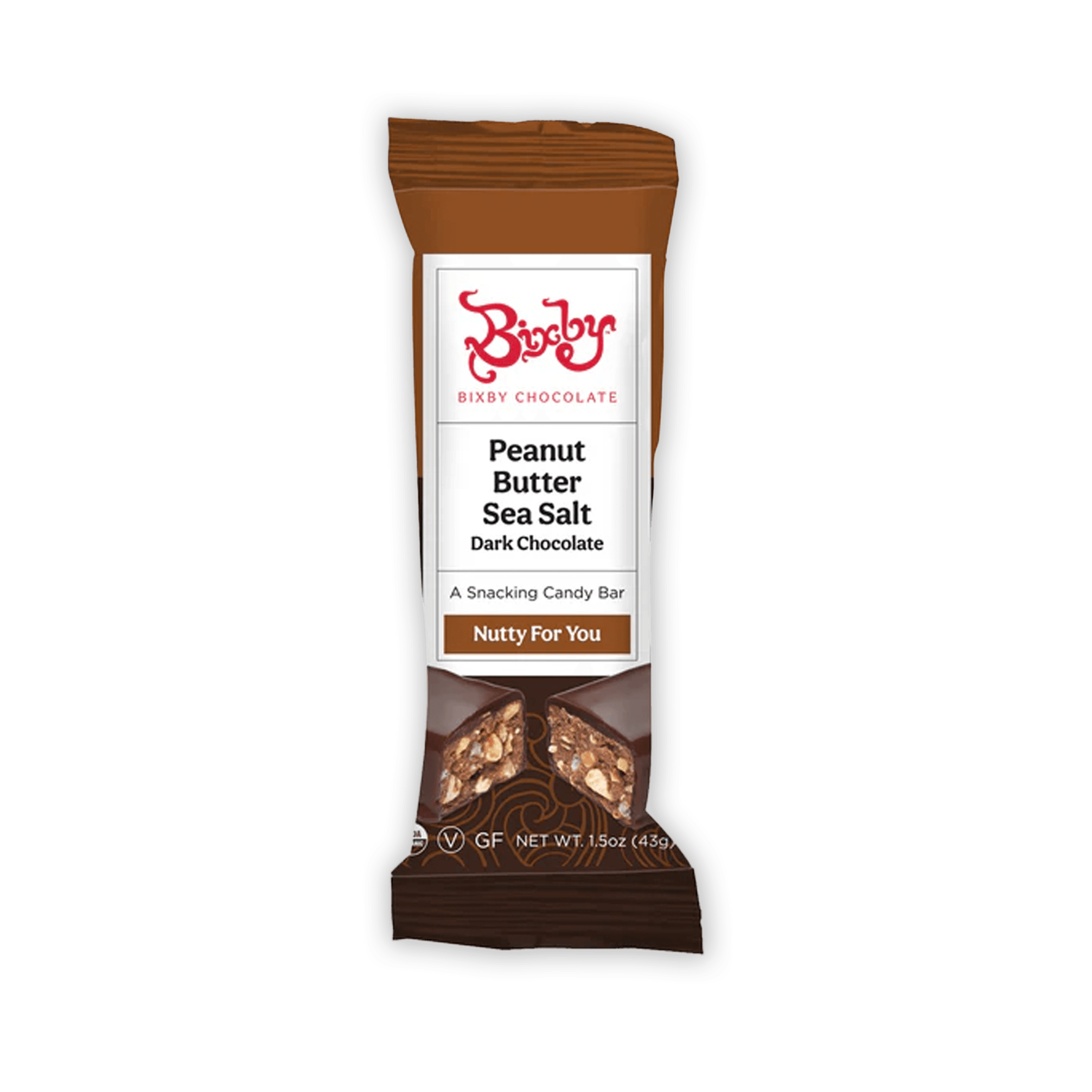Bixby Mini peanut butter sea salt dark chocolate snack bar in brown foil