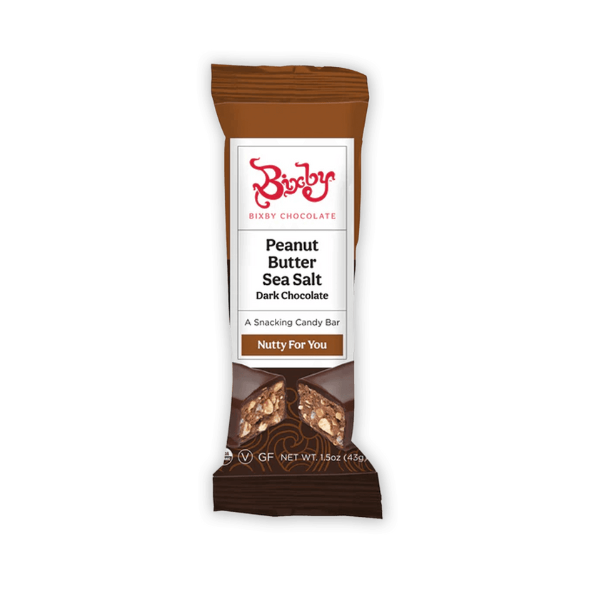 Bixby Mini peanut butter sea salt dark chocolate snack bar in brown foil