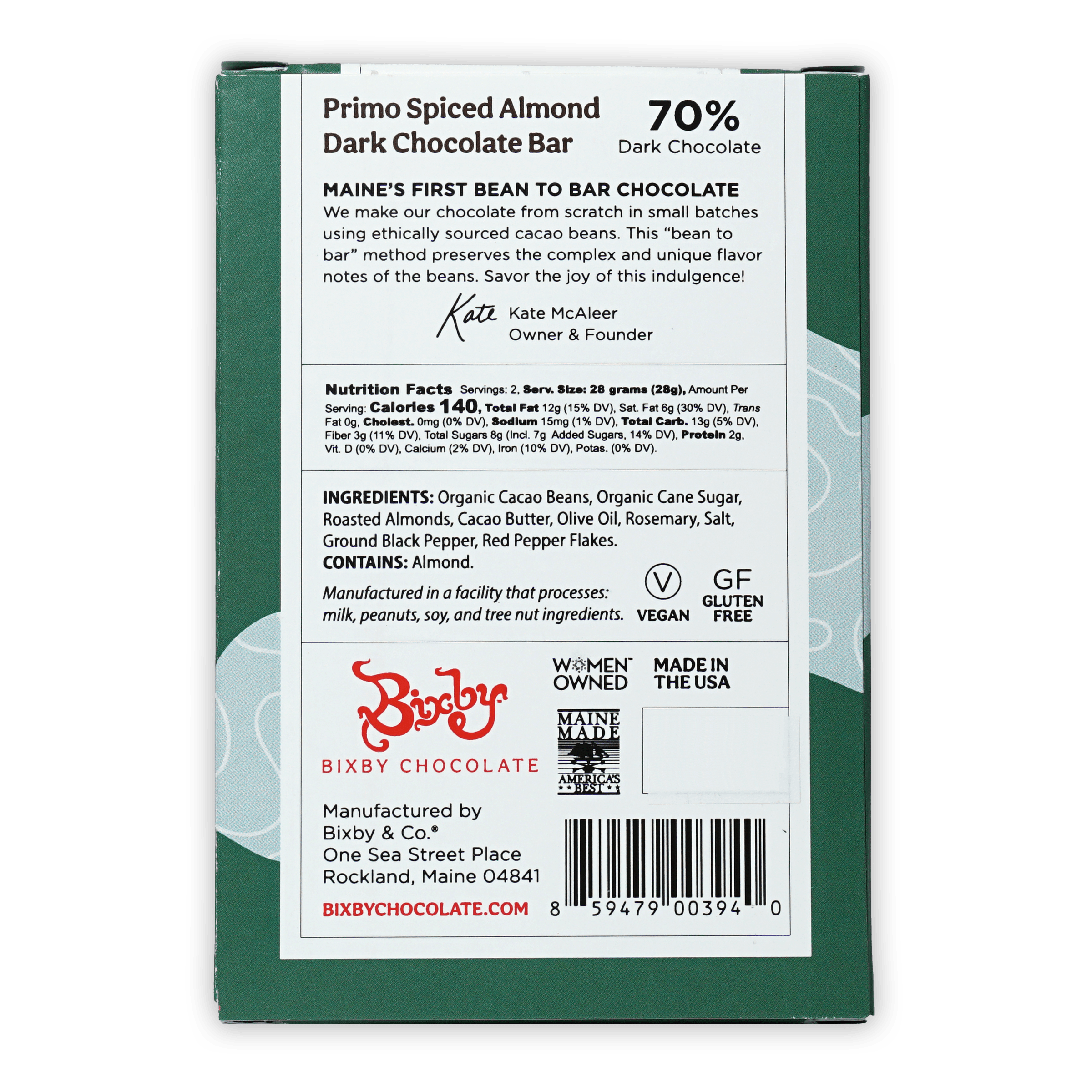 Bixby Primo Dark Chocolate Spiced Almond 70% bar, green white package
