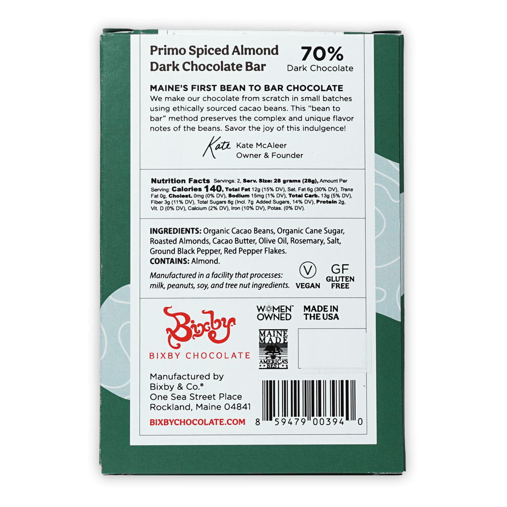 Bixby Primo Dark Chocolate Spiced Almond 70% bar, green white package