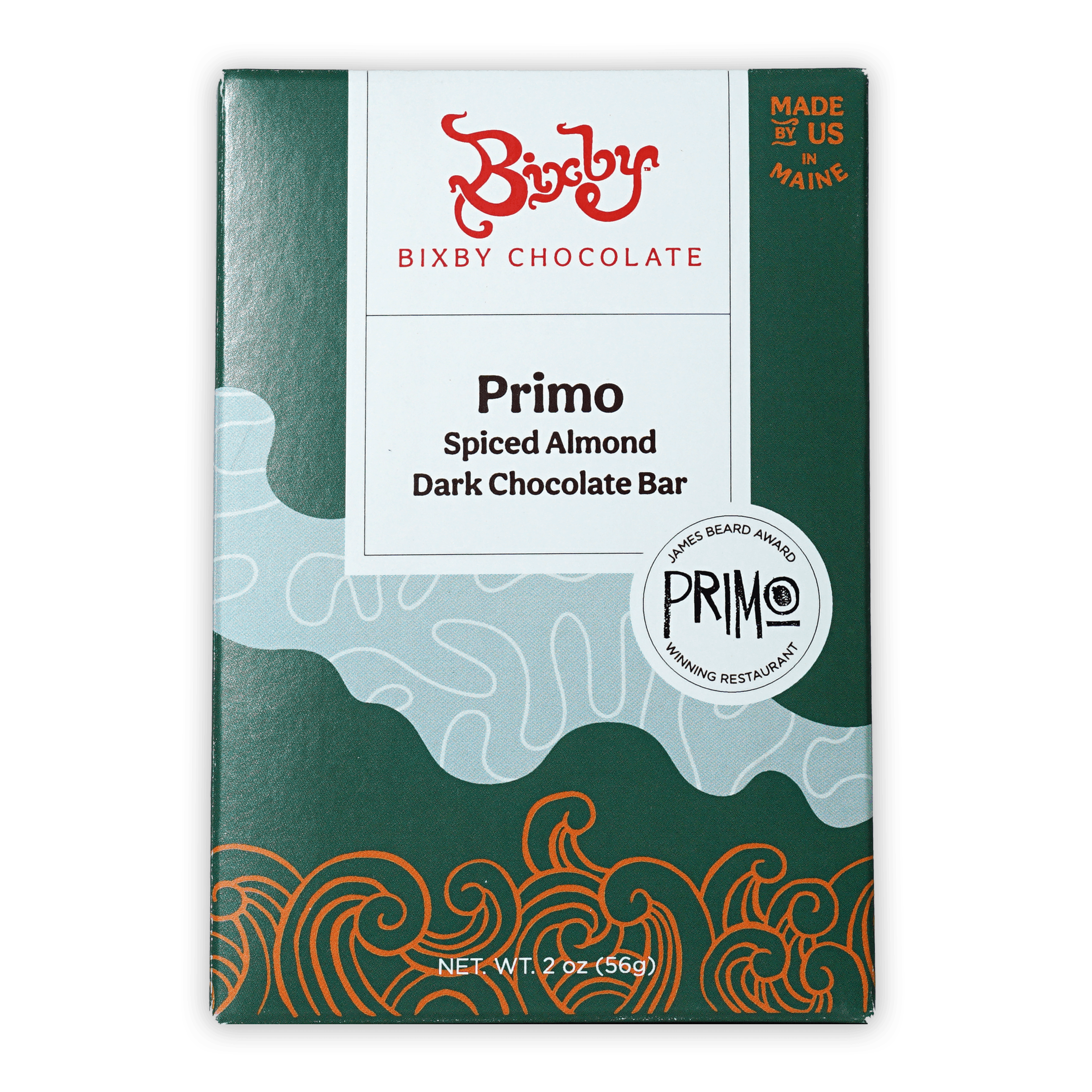 Bixby Primo spiced almond dark chocolate bar in green package