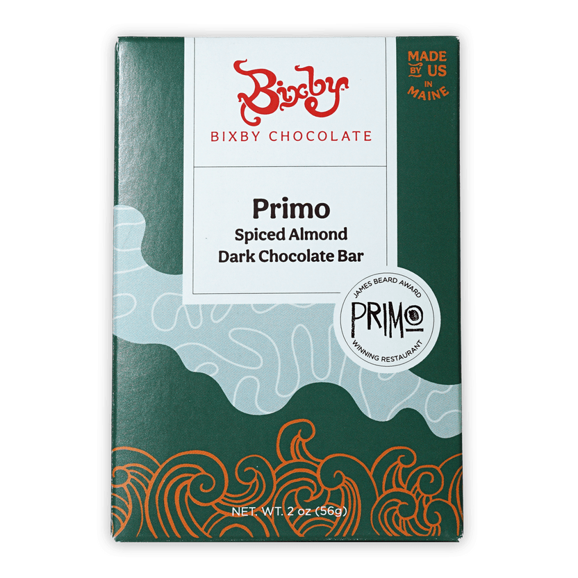 Bixby Primo spiced almond dark chocolate bar in green package
