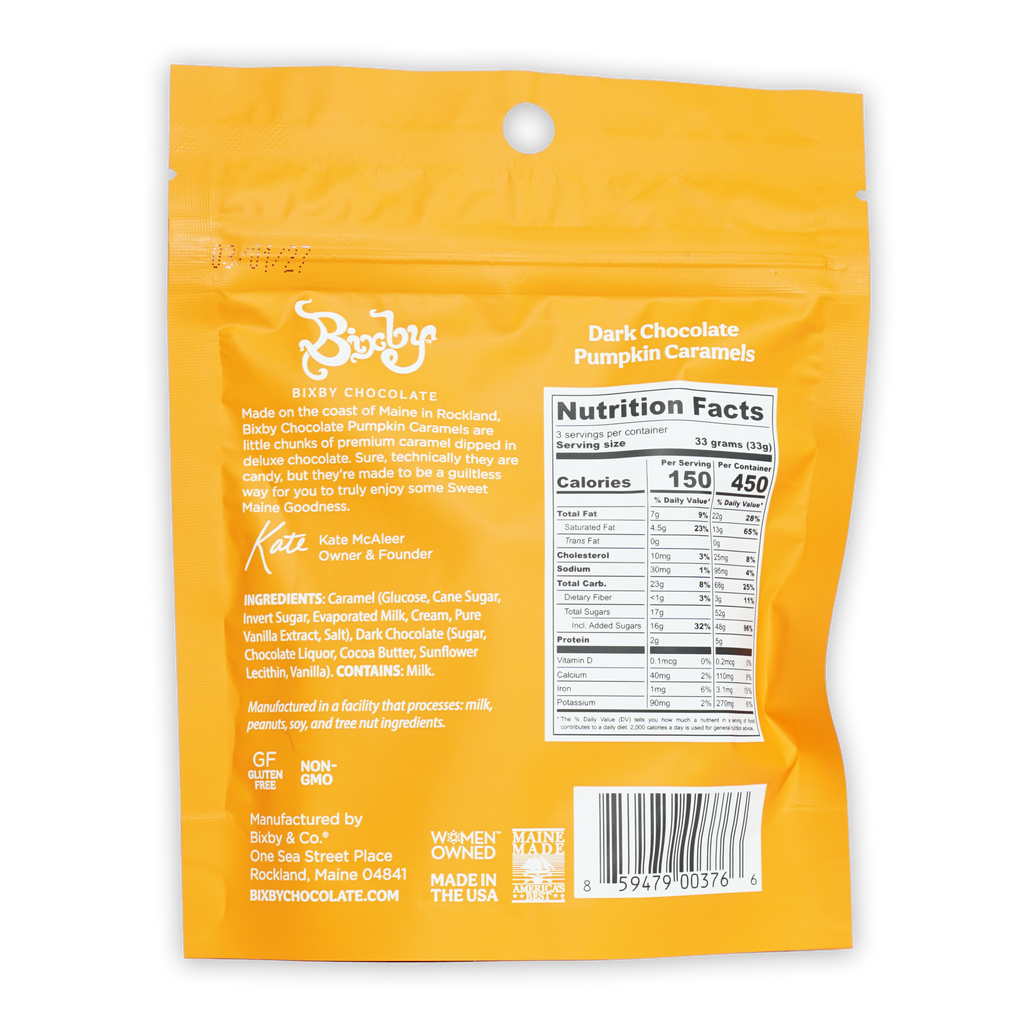 Bixby dark chocolate pumpkin caramels in bright yellow pouch