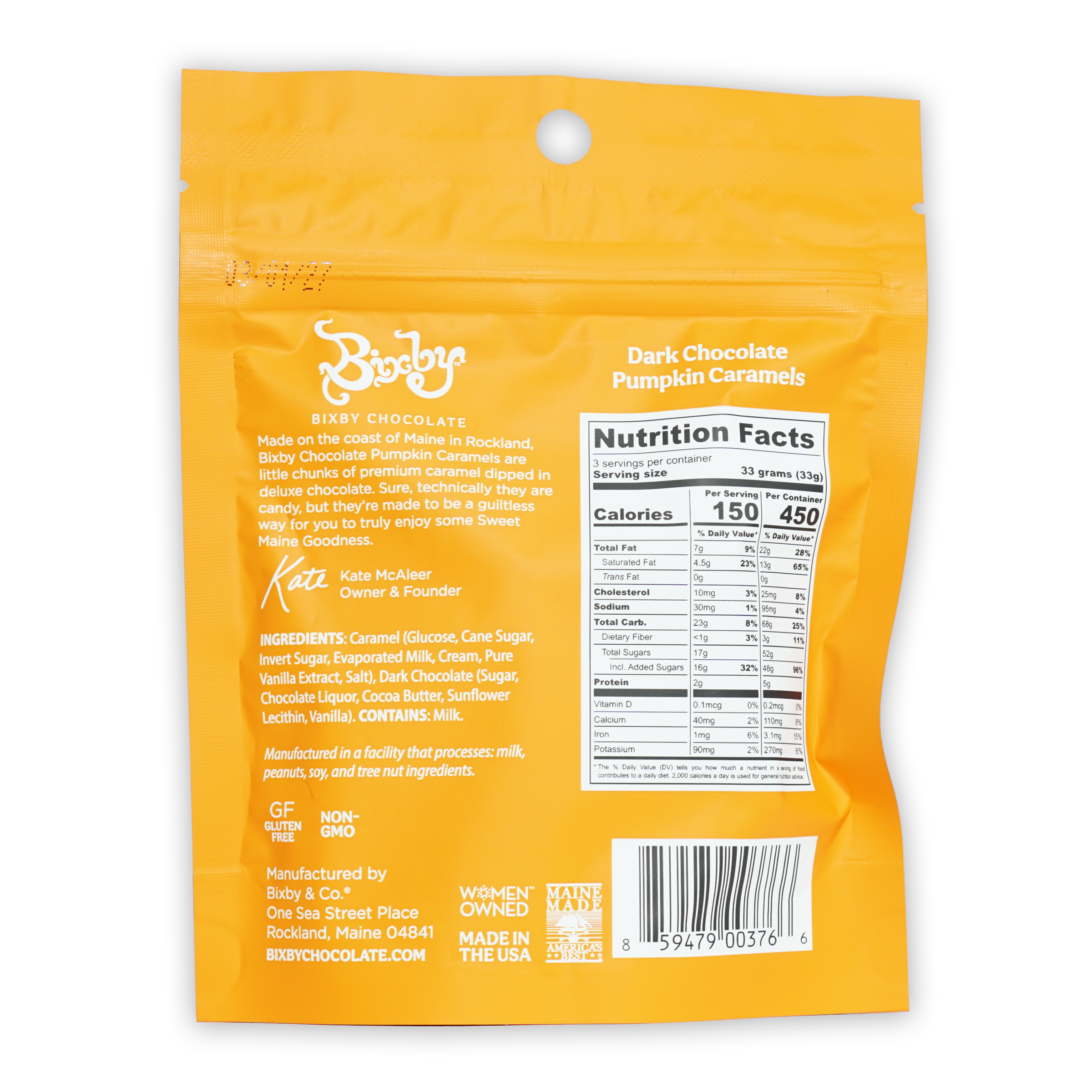 Bixby dark chocolate pumpkin caramels in bright yellow pouch
