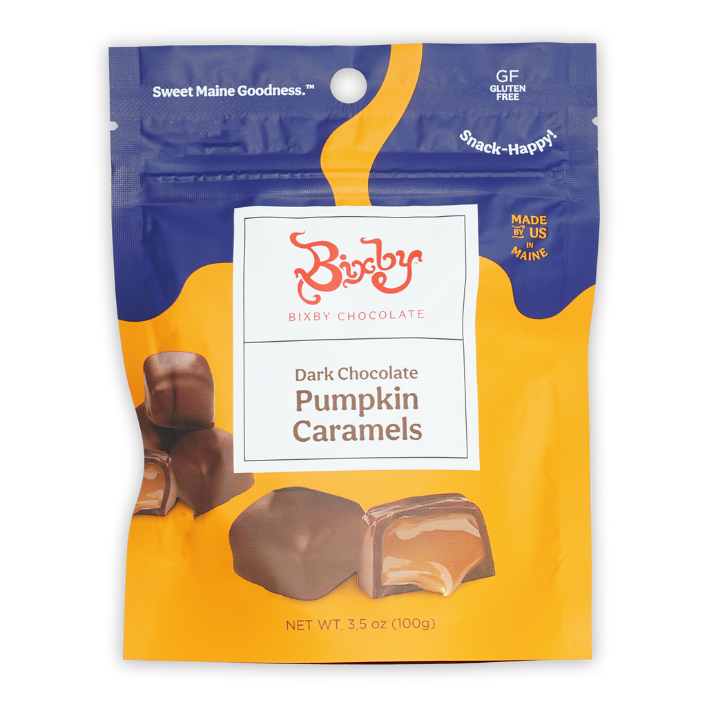 Bixby dark chocolate pumpkin caramels in vibrant blue yellow resealable bag