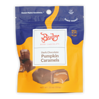 Bixby dark chocolate pumpkin caramels in vibrant blue yellow resealable bag