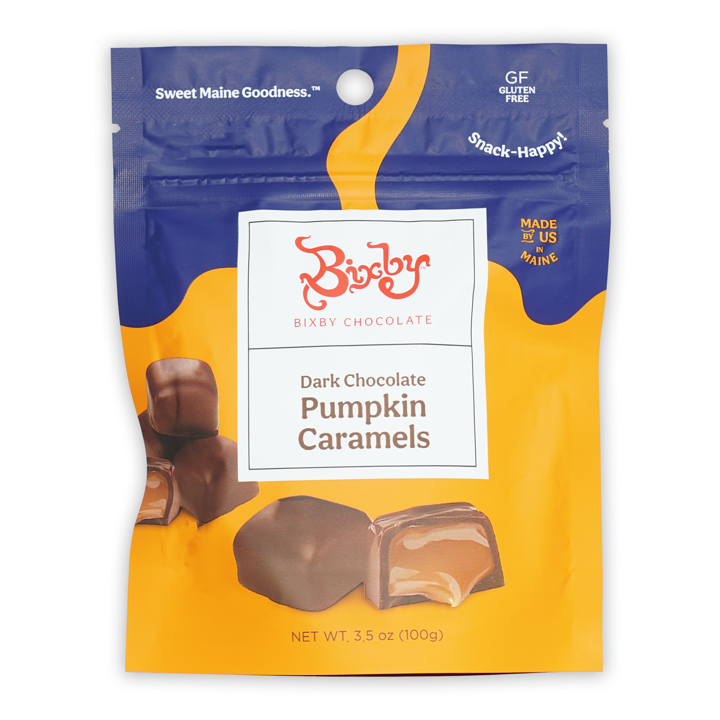 Bixby dark chocolate pumpkin caramels in vibrant blue yellow resealable bag