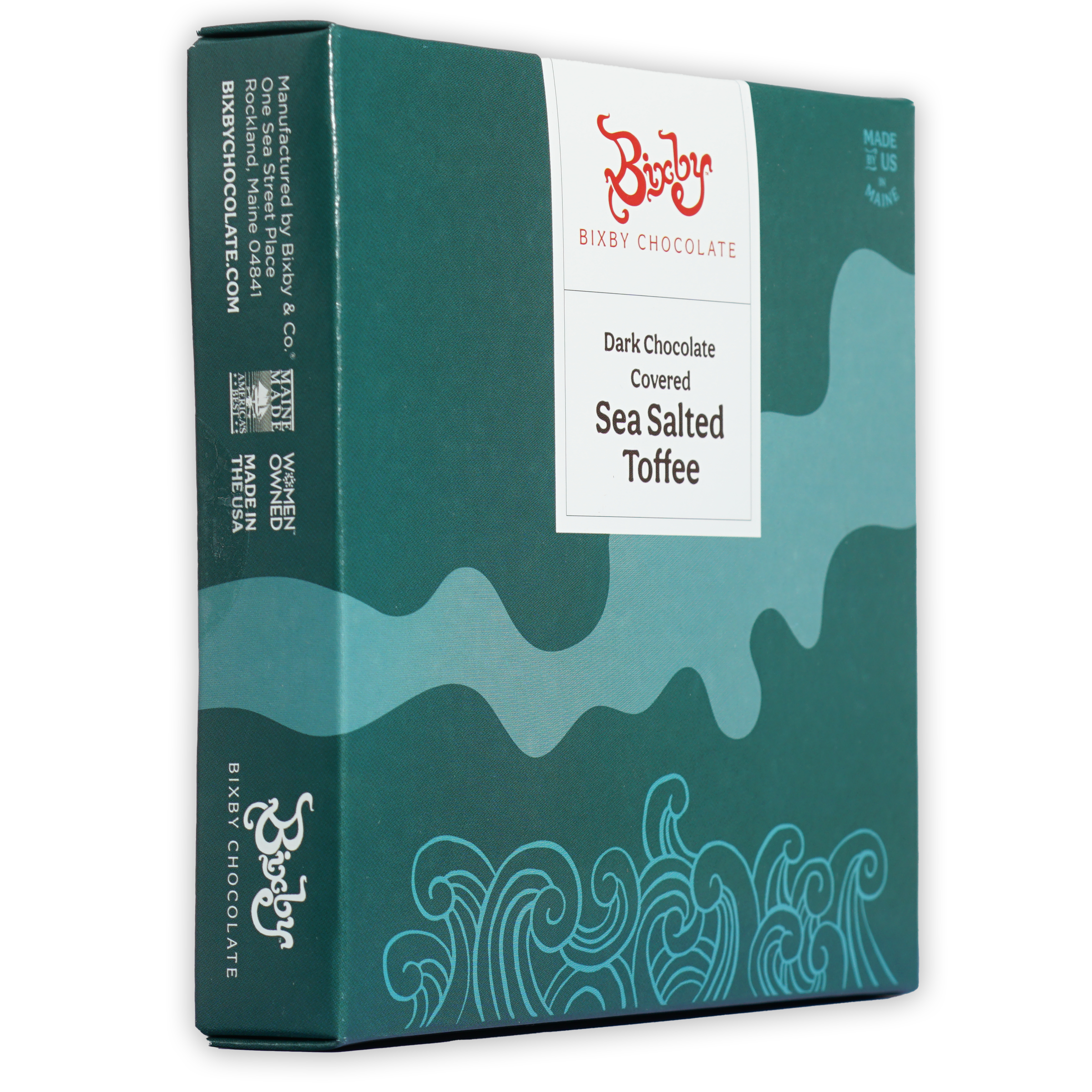 Bixby dark chocolate toffee gift box in teal wave pattern