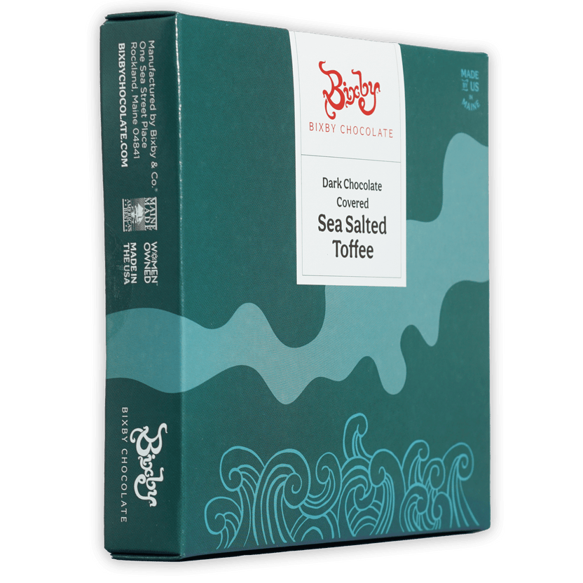 Bixby dark chocolate toffee gift box in teal wave pattern