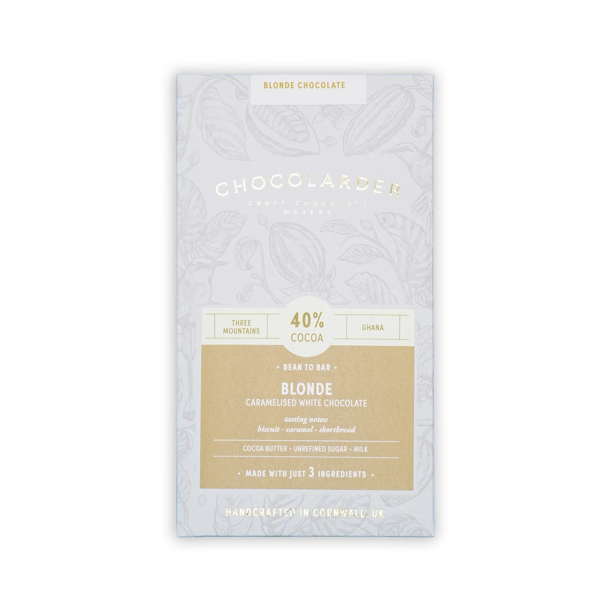 A light grey Chocolarder 40% Blonde Caramelised White Chocolate wrapper with botanical drawings on a black background.