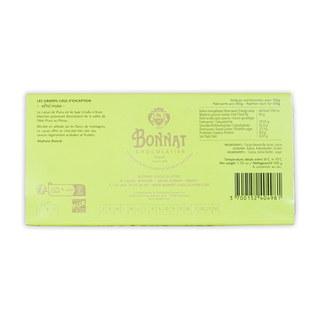 Lime-green rectangular box of bonnat peru alto piura 70 percent chocolate with gold lettering and crest logo