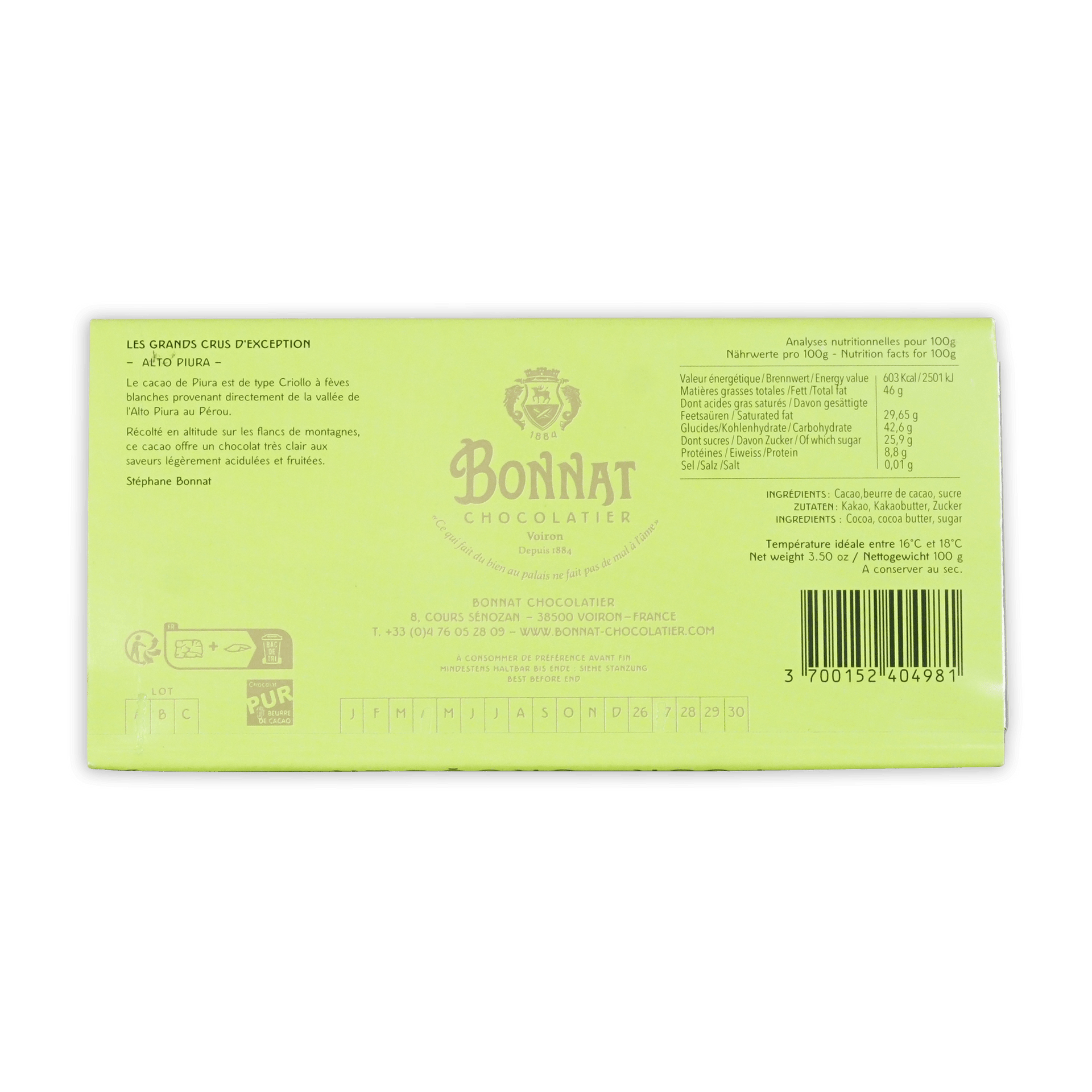Lime-green rectangular box of bonnat peru alto piura 70 percent chocolate with gold lettering and crest logo