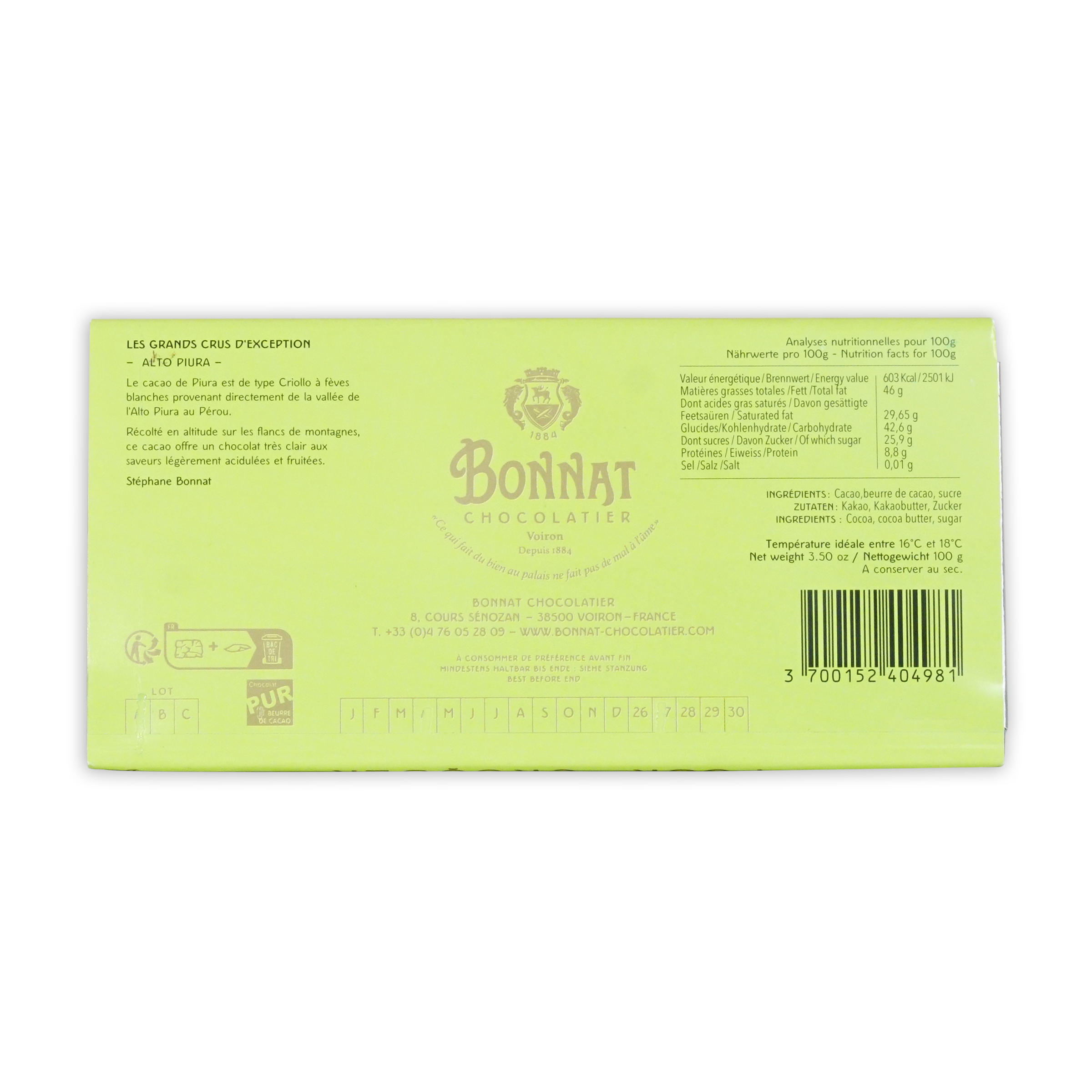 Lime-green rectangular box of bonnat peru alto piura 70 percent chocolate with gold lettering and crest logo