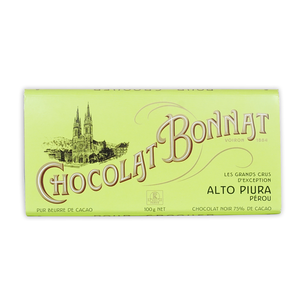 A pale green wrapper for bonnat peru alto piura 70 percent dark chocolate featuring gold lettering and a historic church illustration
