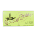 A pale green wrapper for bonnat peru alto piura 70 percent dark chocolate featuring gold lettering and a historic church illustration