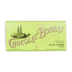 A pale green wrapper for bonnat peru alto piura 70 percent dark chocolate featuring gold lettering and a historic church illustration