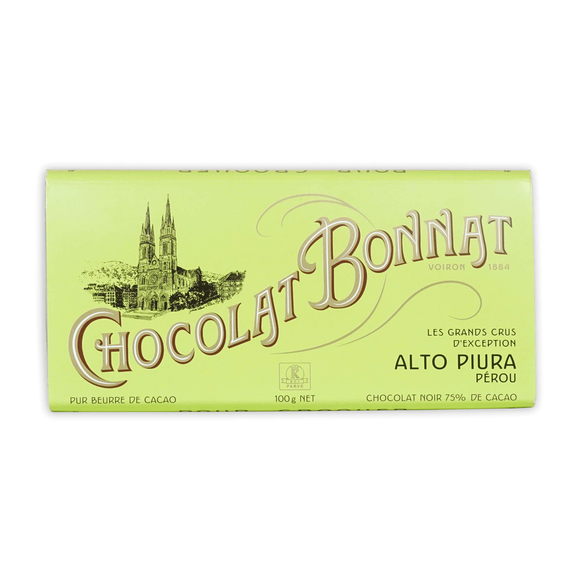 A pale green wrapper for bonnat peru alto piura 70 percent dark chocolate featuring gold lettering and a historic church illustration