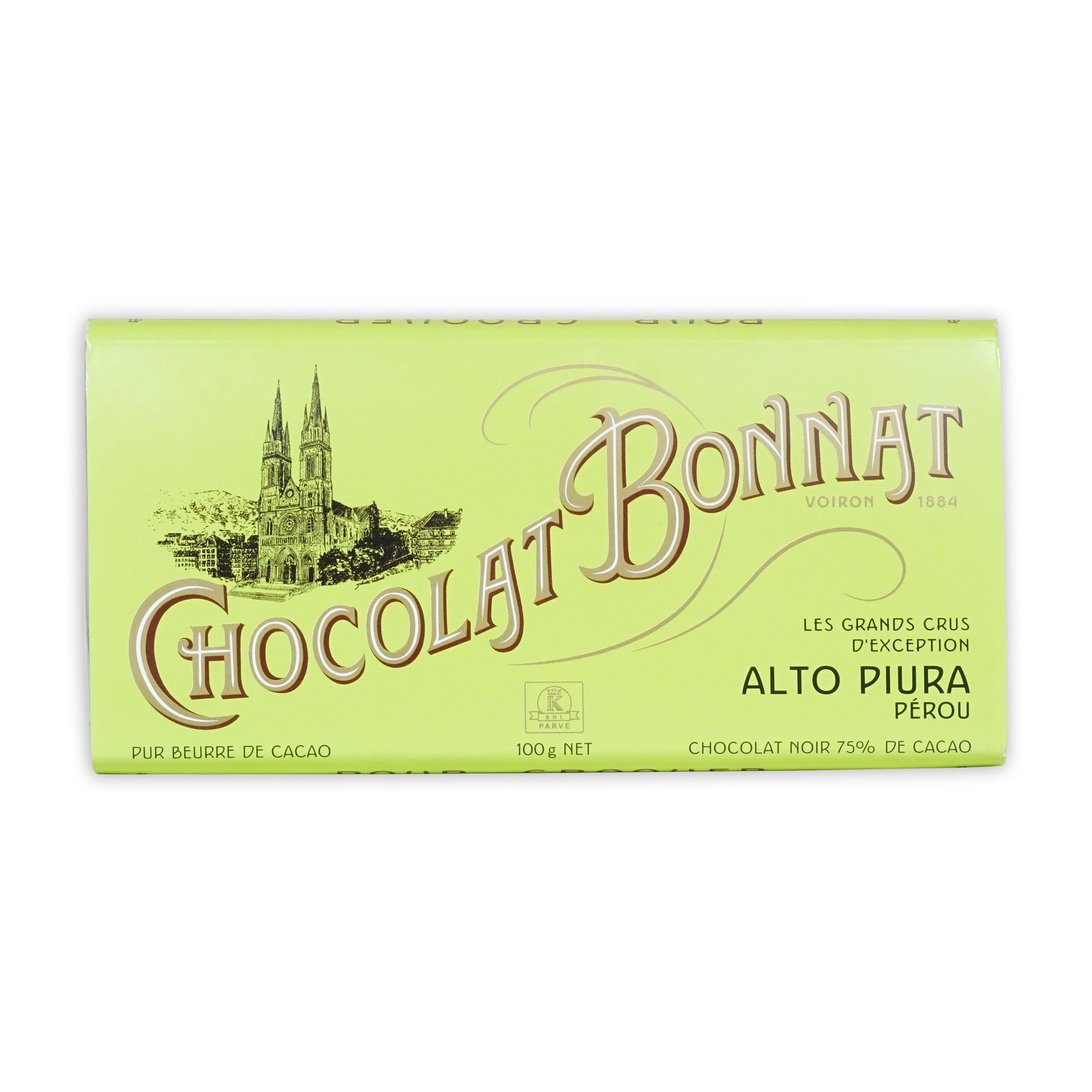 A pale green wrapper for bonnat peru alto piura 70 percent dark chocolate featuring gold lettering and a historic church illustration