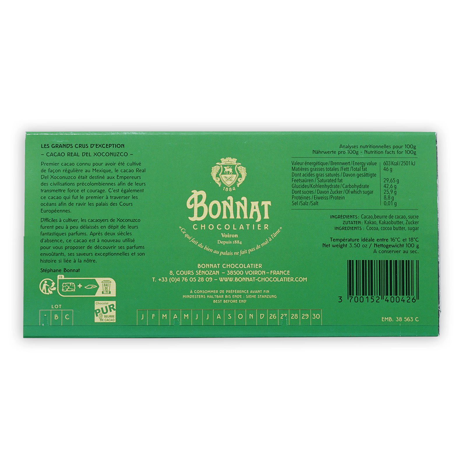 Bonnat Cacao Real del Xoconuzco Mexico 75% green gold wrapper