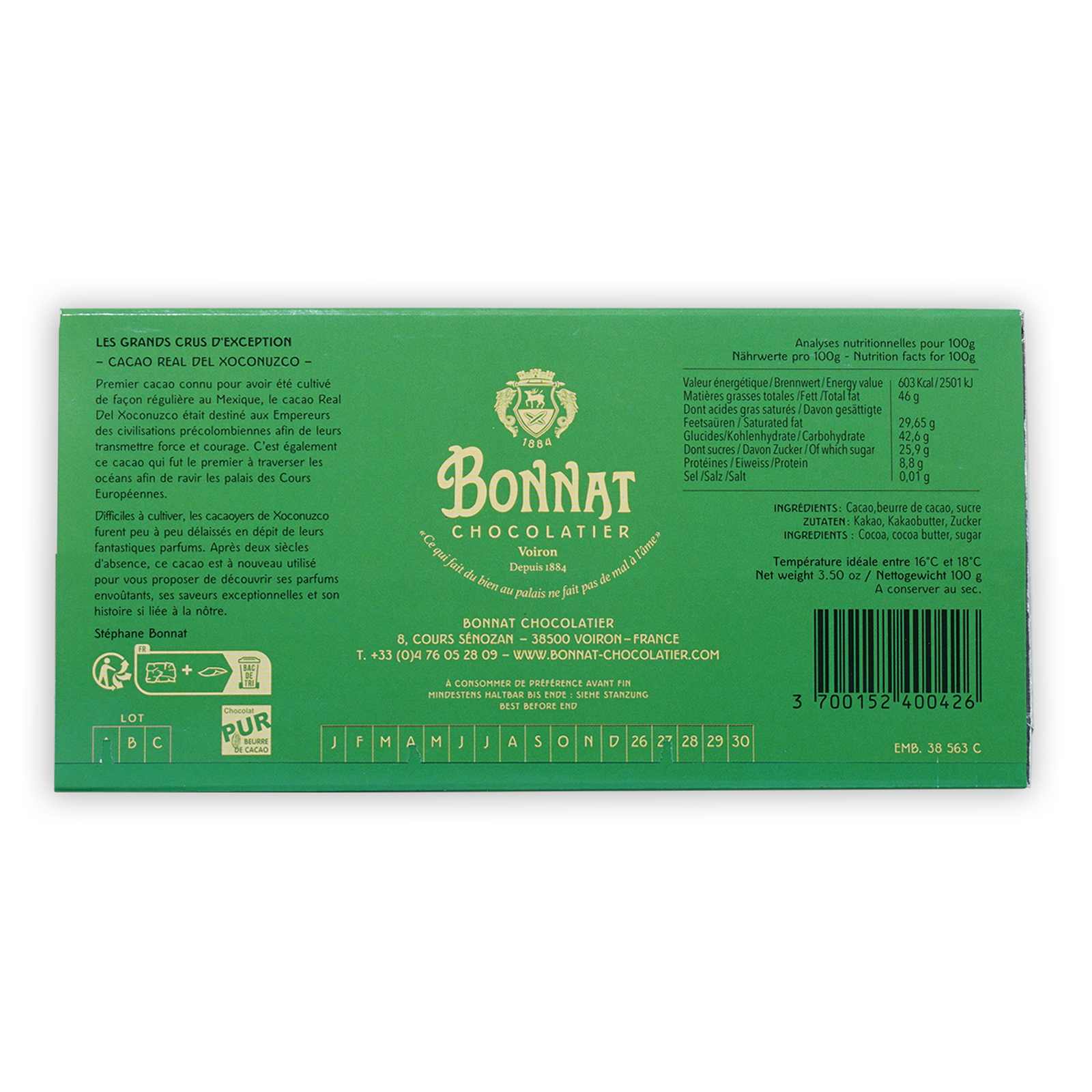 Bonnat Cacao Real del Xoconuzco Mexico 75% green gold wrapper