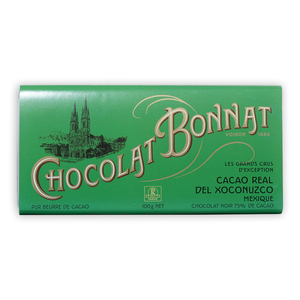 Bonnat Cacao Real del Xoconuzco Mexico 75% green wrapper with gold lettering and cathedral illustration
