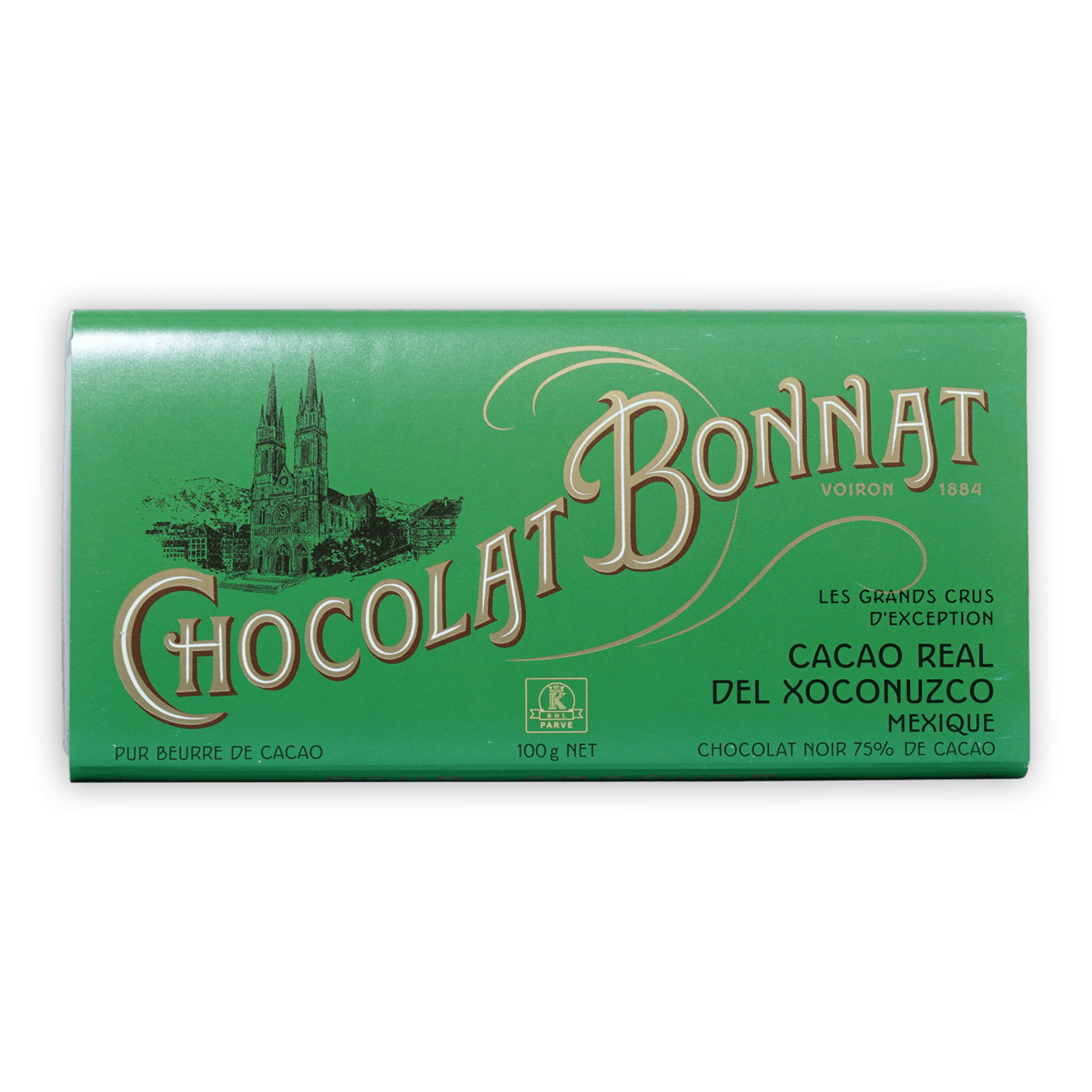 Bonnat Cacao Real del Xoconuzco Mexico 75% green wrapper with gold lettering and cathedral illustration