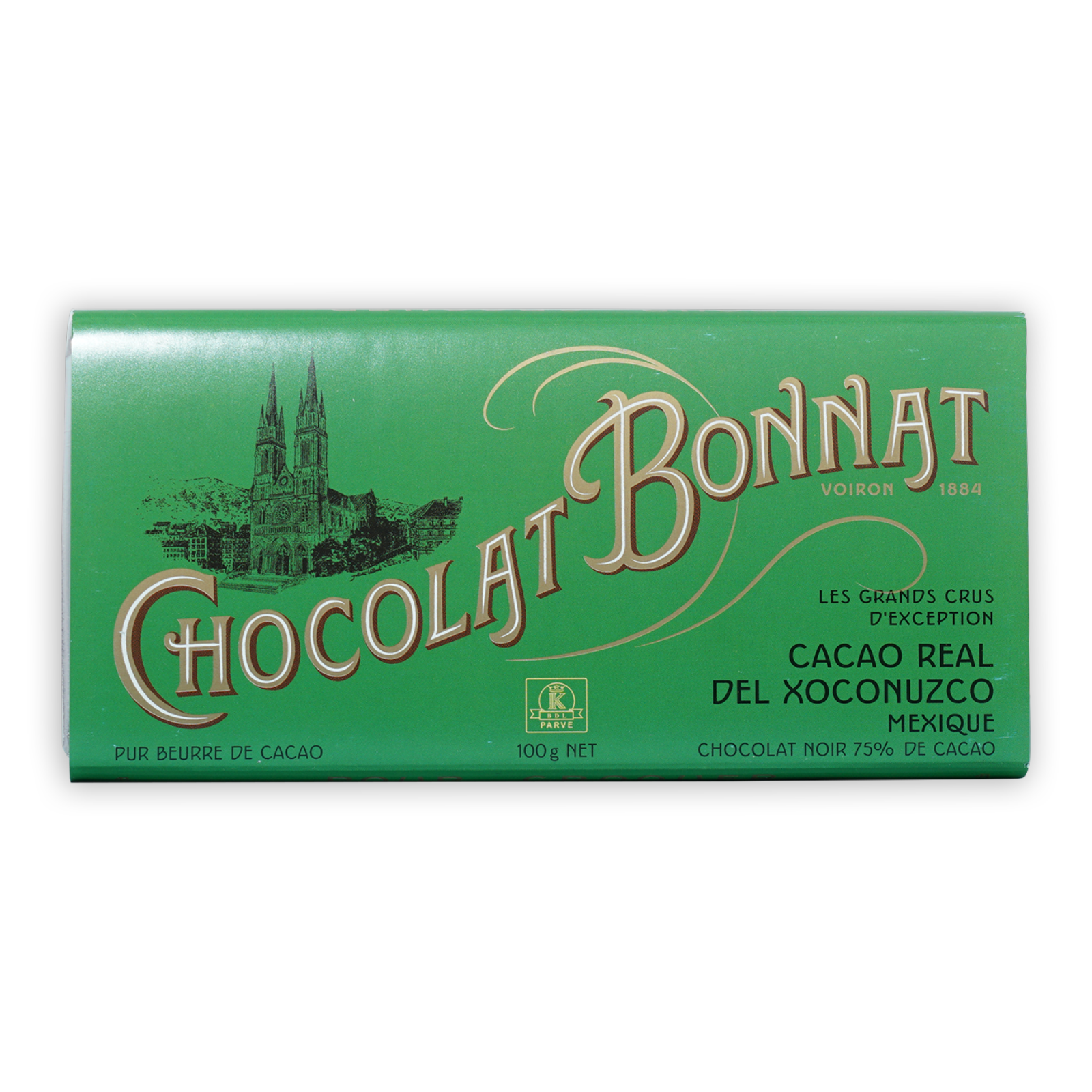 Bonnat Cacao Real del Xoconuzco Mexico 75% green wrapper with gold lettering and cathedral illustration
