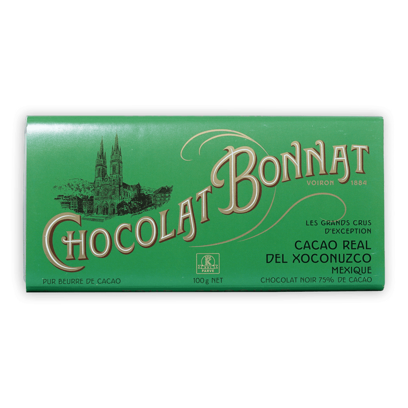Bonnat Cacao Real del Xoconuzco Mexico 75% green wrapper with gold lettering and cathedral illustration