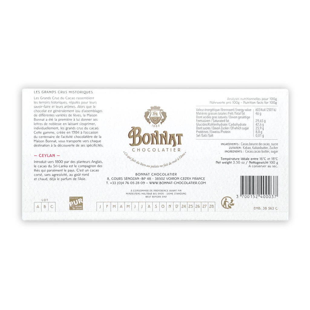 Bonnat Ceylan Sri Lanka 75% white rectangular label with gold crest