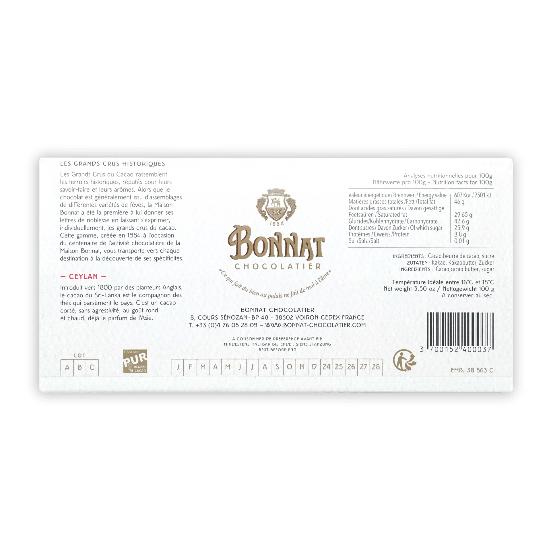 Bonnat Ceylan Sri Lanka 75% white rectangular label with gold crest