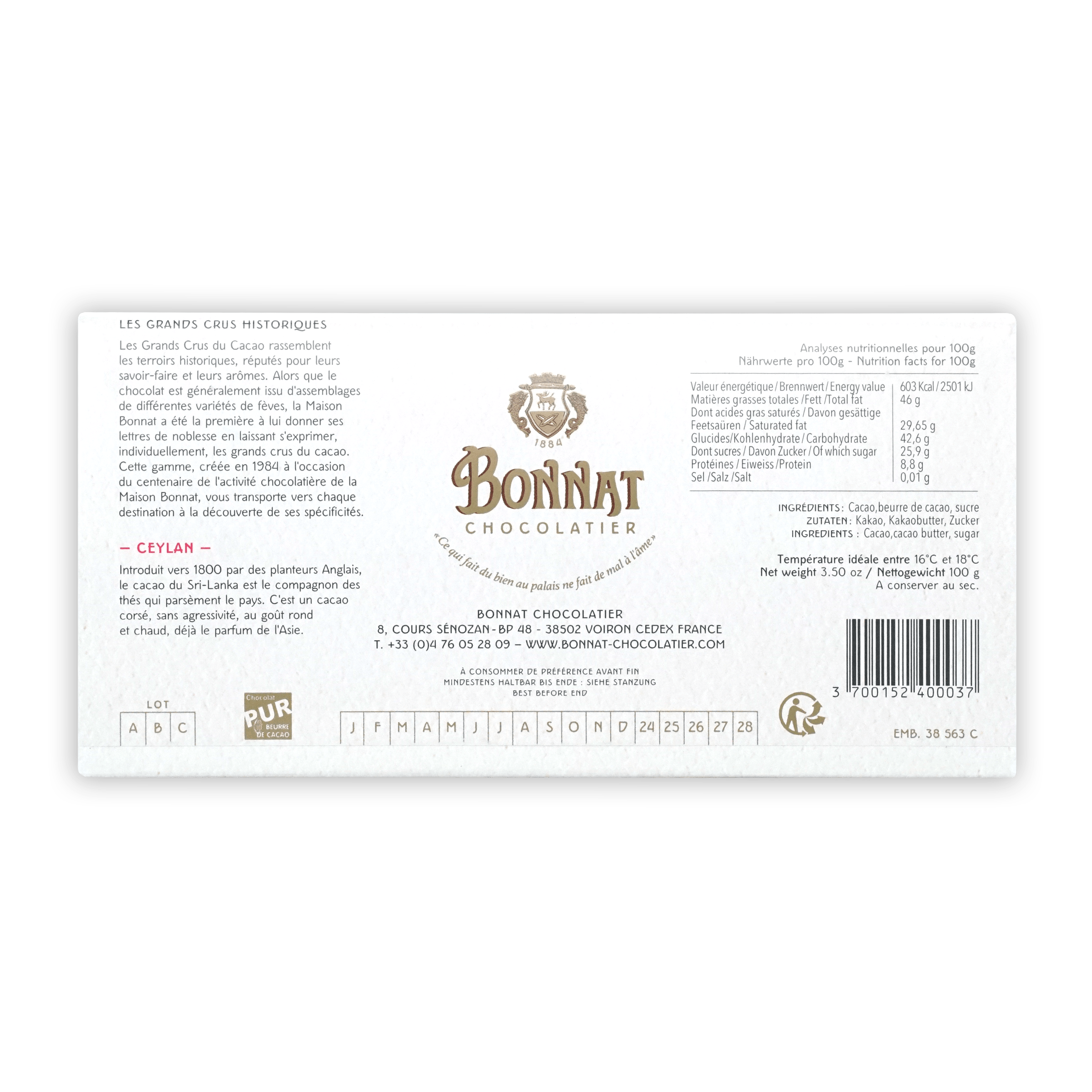Bonnat Ceylan Sri Lanka 75% white rectangular label with gold crest
