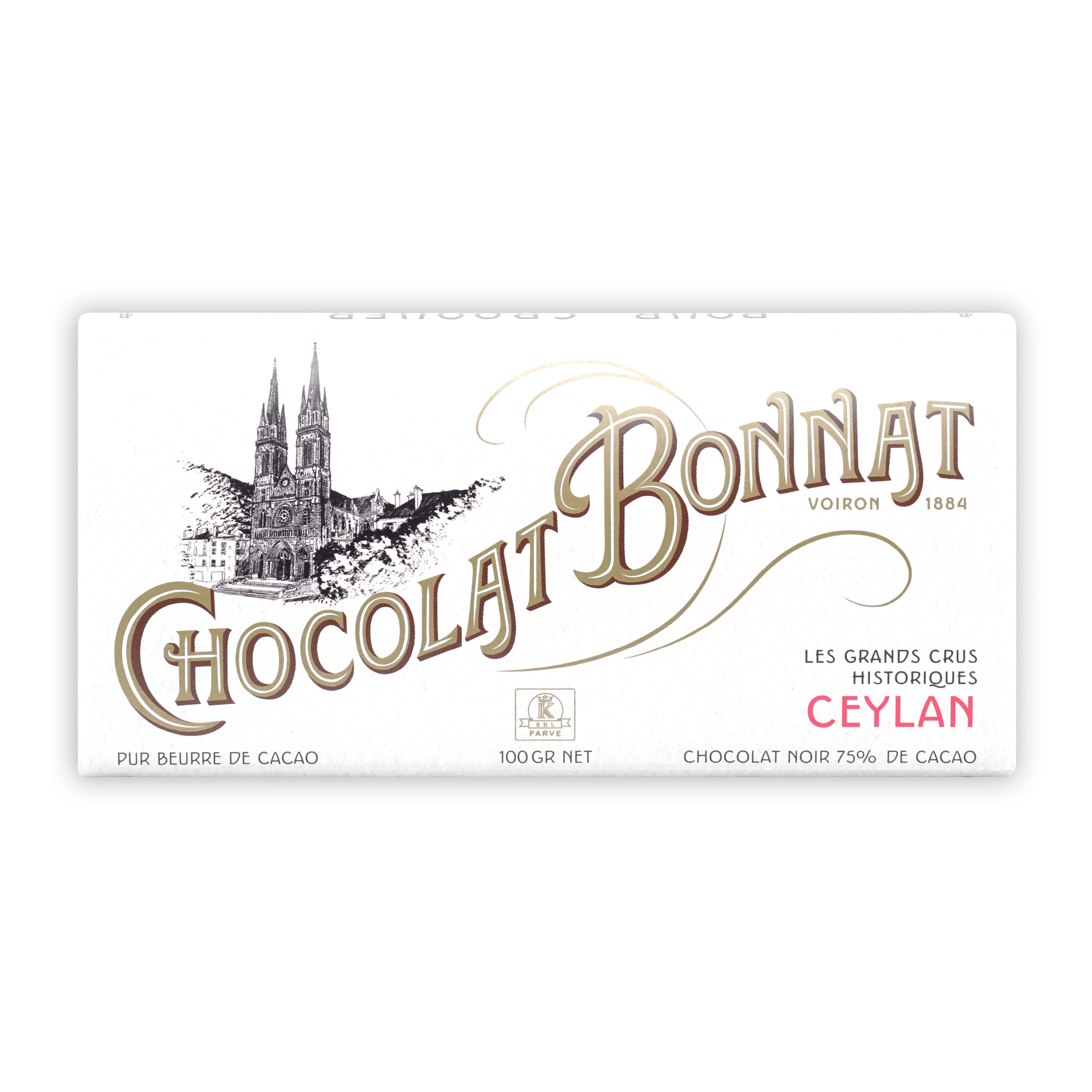 Bonnat Ceylan Sri Lanka 75% dark chocolate bar wrapper with cathedral illustration