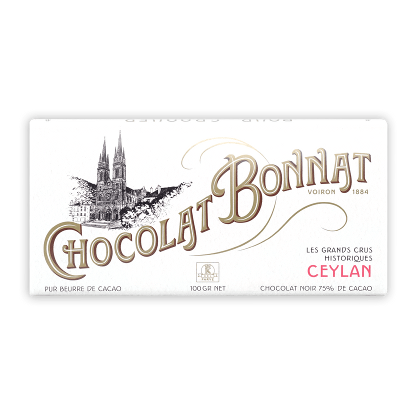 Bonnat Ceylan Sri Lanka 75% dark chocolate bar wrapper with cathedral illustration